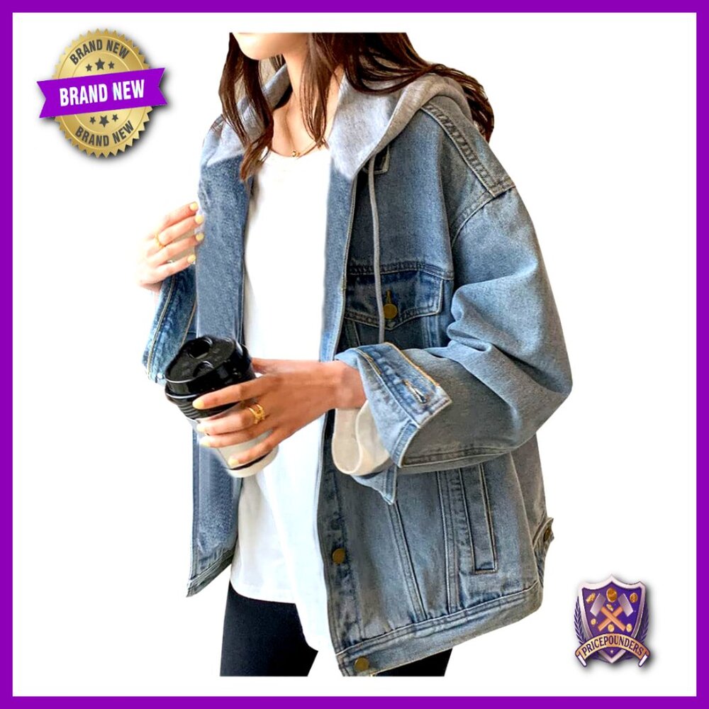 Oversized Distressed Denim Jacket with Hood Y2K Chic Cropped Casual Wear